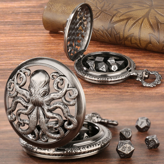 Dark silver kraken pocket watch case open showing mini dice inside