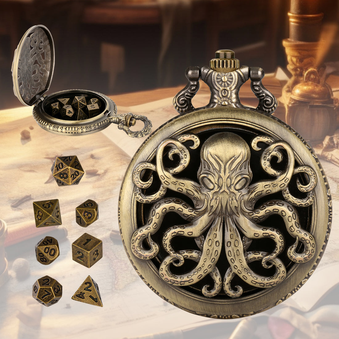 Bronze octopus pocket watch dice case with 7 mini polyhedral dice