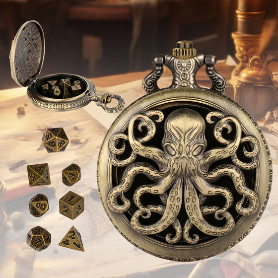 Bronze octopus pocket watch dice case with 7 mini polyhedral dice