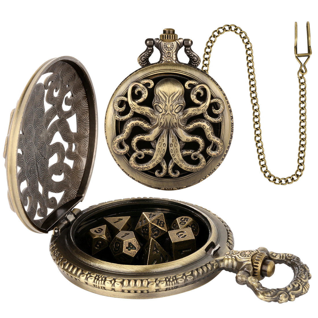 Bronze octopus pocket watch dice case open on its chain with dice inside