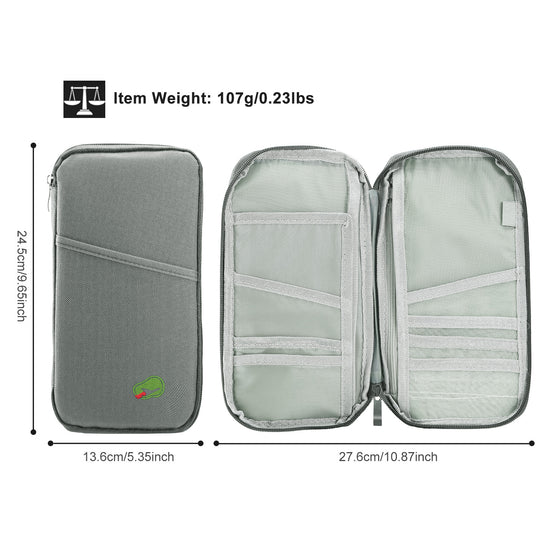 Gray travel passport wallet open and closed with size and 107 g weight