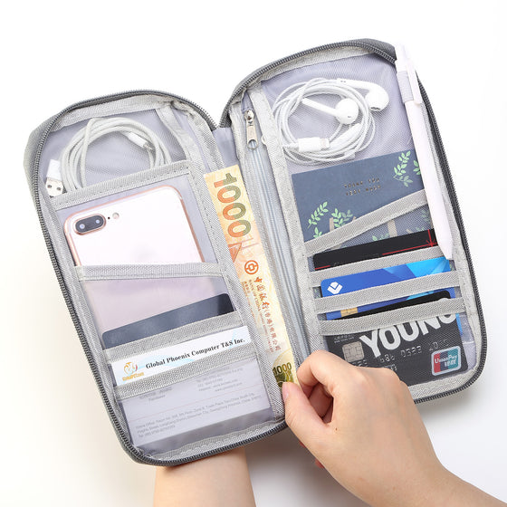 Passport wallet open with cards, cash and a phone inside