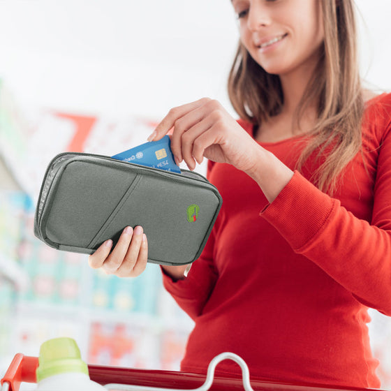 Woman holding the travel wallet while shopping