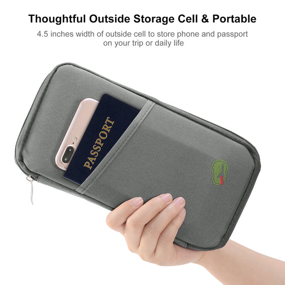 Hand pulling a passport from the wallet's outside pocket