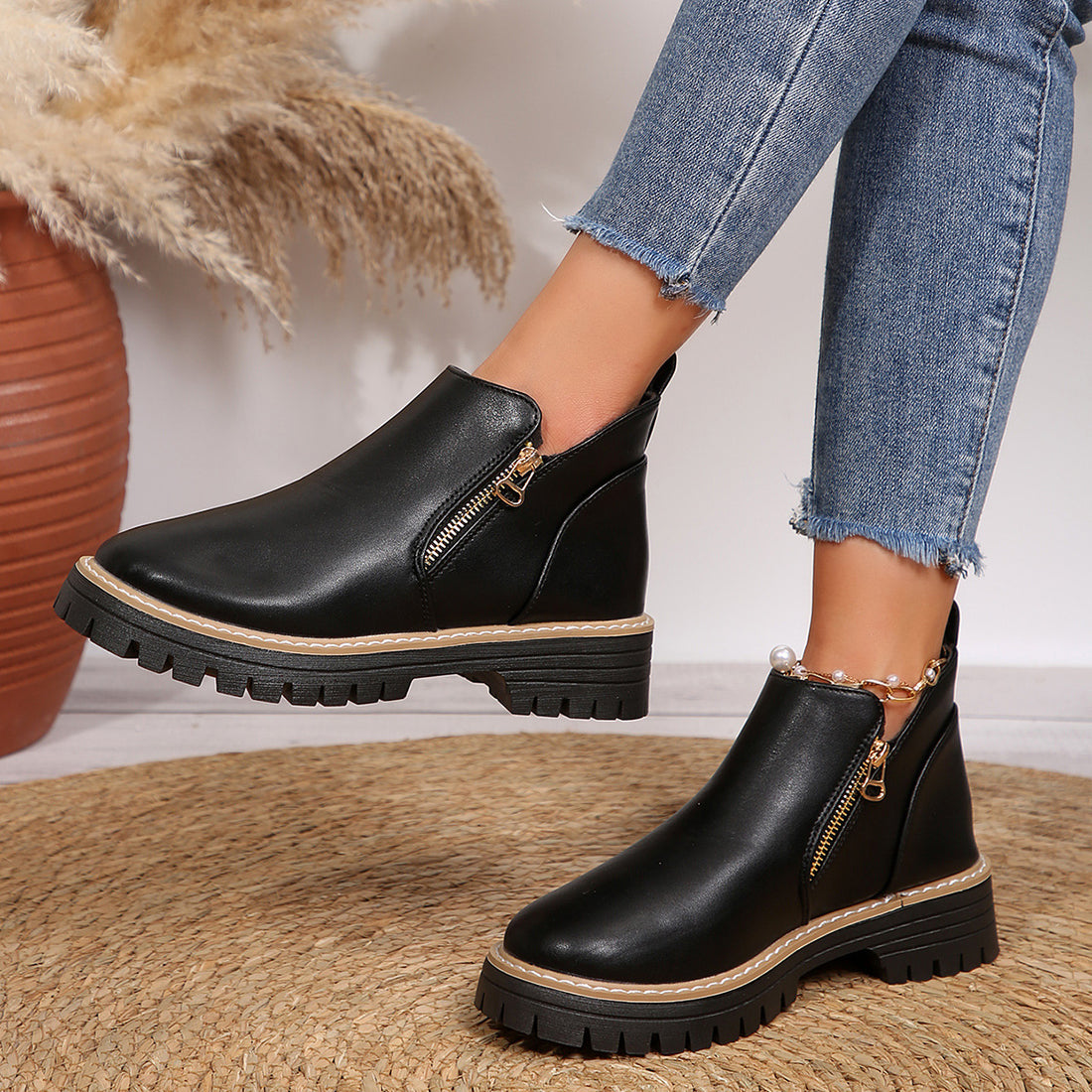 Women's Round Toe Side Zipper Square Heel Synthetic Leather Short Boots