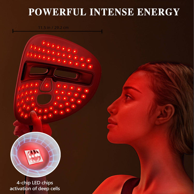 Person wearing LED mask during at-home skincare routine