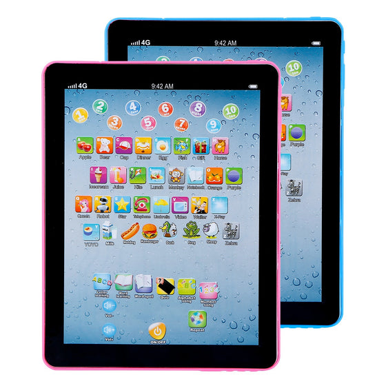 Toddler learning tablet toy in pink and blue with picture keys for letters and numbers