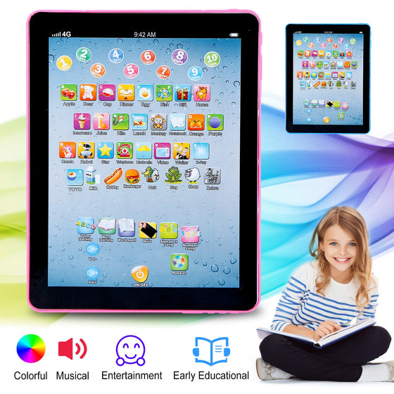 Pink learning tablet toy with a smiling girl, colorful, musical and educational icons