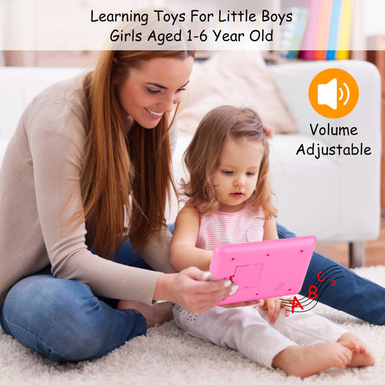 Mother and toddler girl playing with the pink learning tablet on a rug, volume adjustable