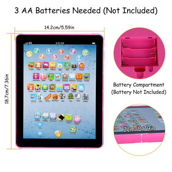 Pink toddler learning tablet dimensions 18.7 x 14.2 cm, 3 AA battery compartment, 2 cm thick
