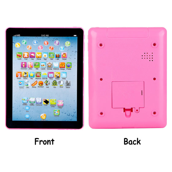Pink toddler learning tablet front and back view showing speaker and battery cover