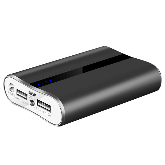 Black 12000mAh power bank with dual USB ports and LED display