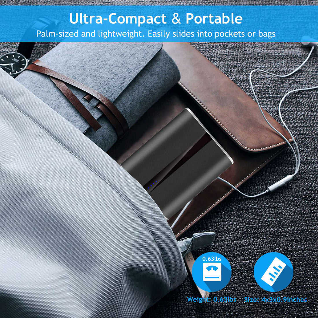 Compact power bank slipping into a bag
