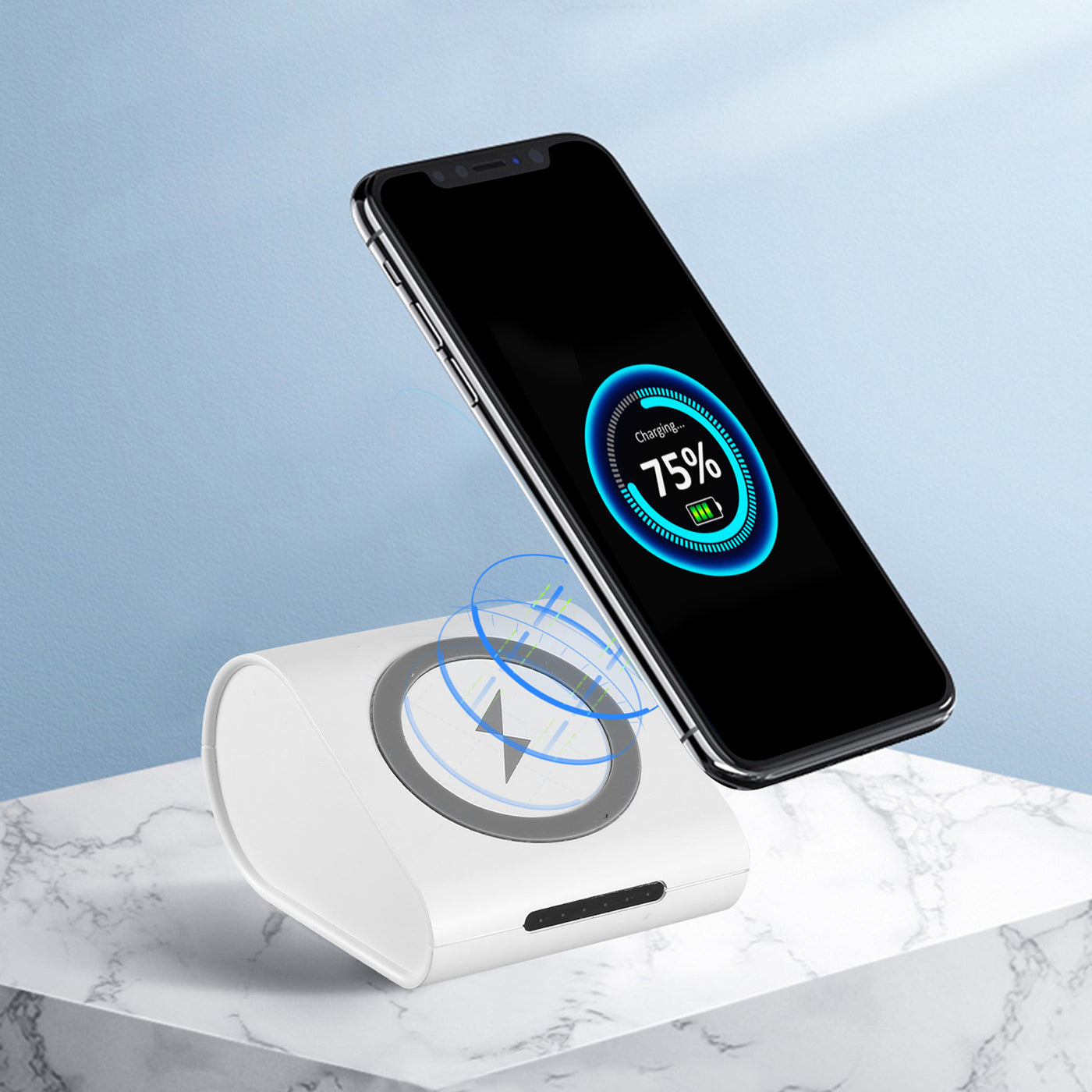 Wireless Qi power bank front view in white