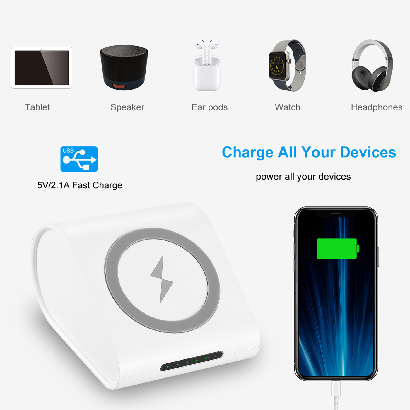 Wireless power bank showing USB port