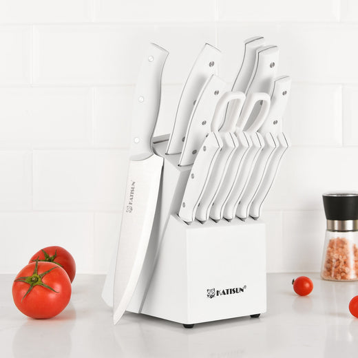 15-piece kitchen knife set with wooden block, full set view