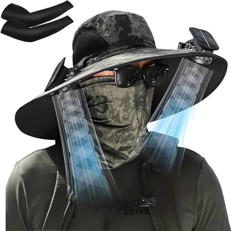 Solar cooling hat worn outdoors in sunlight