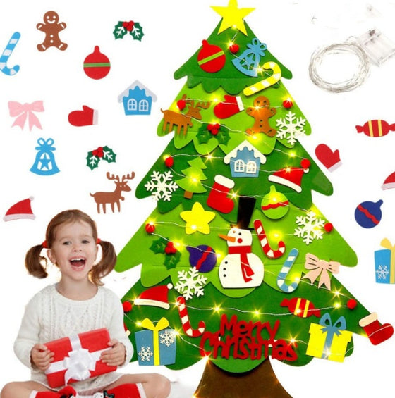 Girl decorating a DIY felt Christmas wall tree with detachable felt ornaments