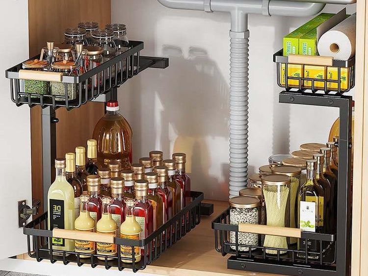 Under sink storage rack shown in bathroom cabinet use