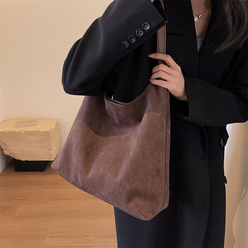 Retro Soft Suede Magnetic Buckle Large Capacity Bucket Shoulder Bag for Women