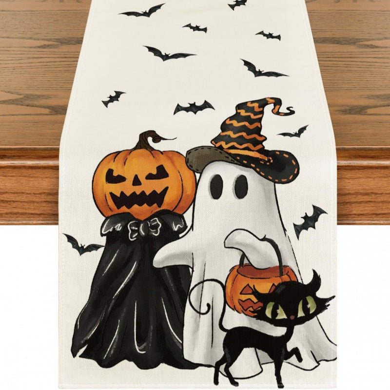Halloween Pumpkin Ghost Linen Table Runner