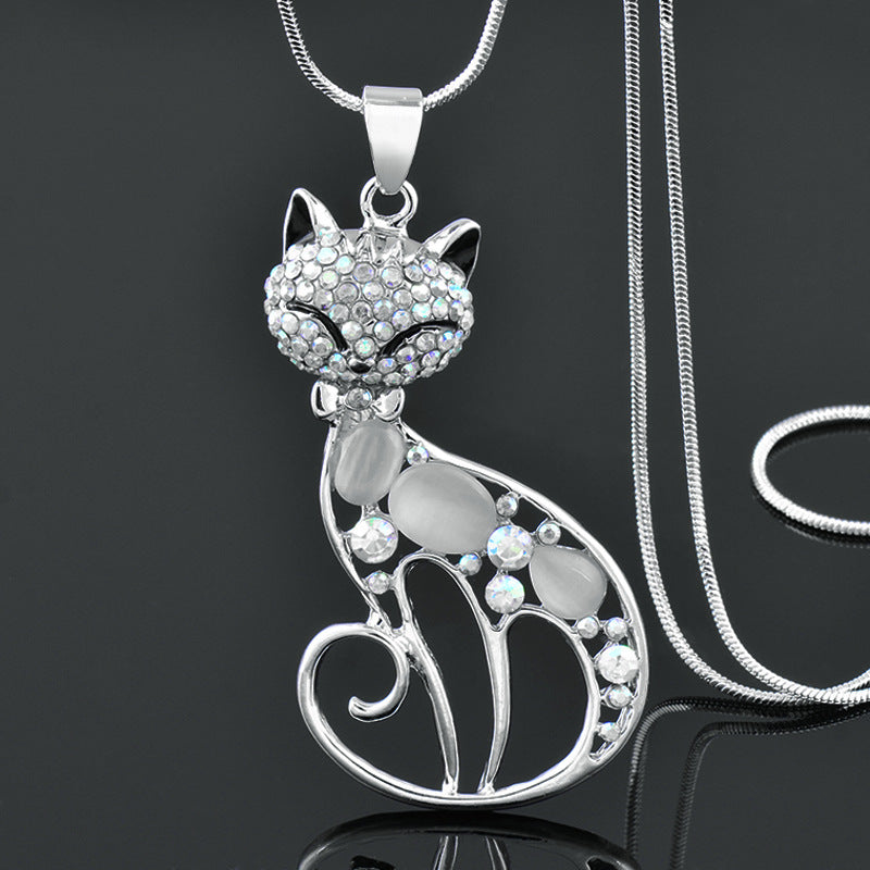 Cute Crystal Rhinestone Cat Eye Stone Animal Pendant Chain Necklace