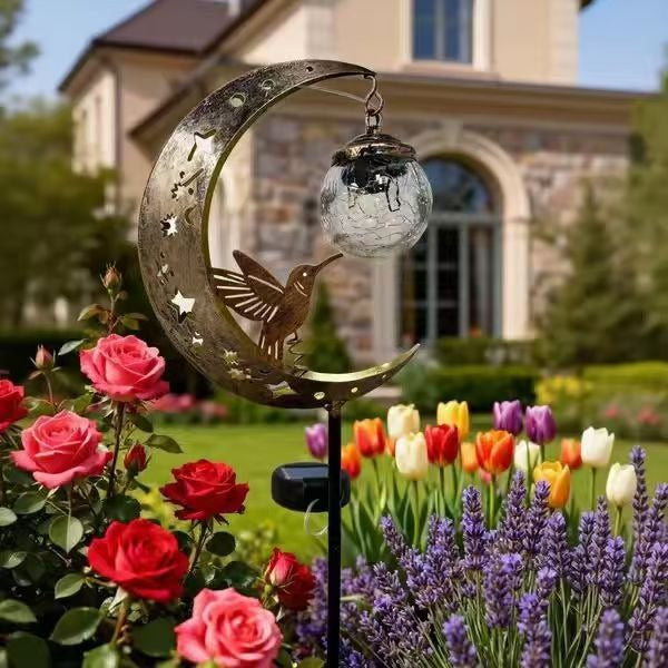 Solar Hummingbird Moon Lamp Crackled Glass Outdoor Garden Light