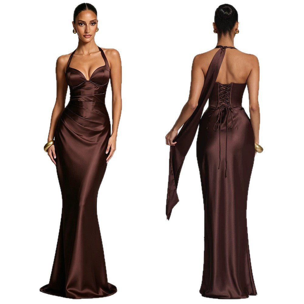 Women's halter satin fishtail long dress with deep V-neck and tie back, photo 5