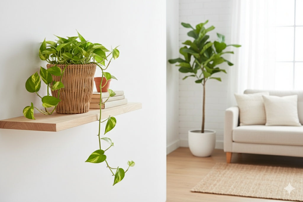 Natural willow planters holding leafy plants on a shelf and floor