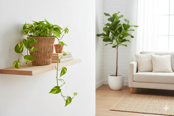 Natural willow planters holding leafy plants on a shelf and floor