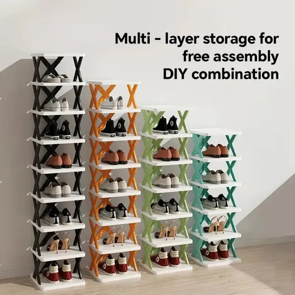 Vertical shoe rack loaded with mixed shoe types