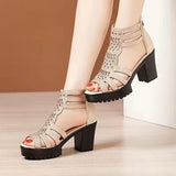 Women Chunky Heel Hollow Out Roman Sandals