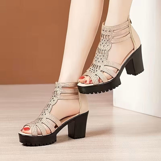 Beige woven cage sandals with a block heel and back zipper