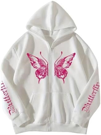 Women's Y2K Zip Up Hoodie 3D Butterfly Print Long Sleeve Loose Fit Jacket