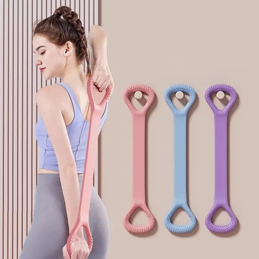 Pink, blue, and purple silicone figure-8 stretch bands with textured grip loops, used in an overhead back stretch