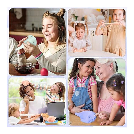 Family members and kids playing with the blobfish squishy stress toy