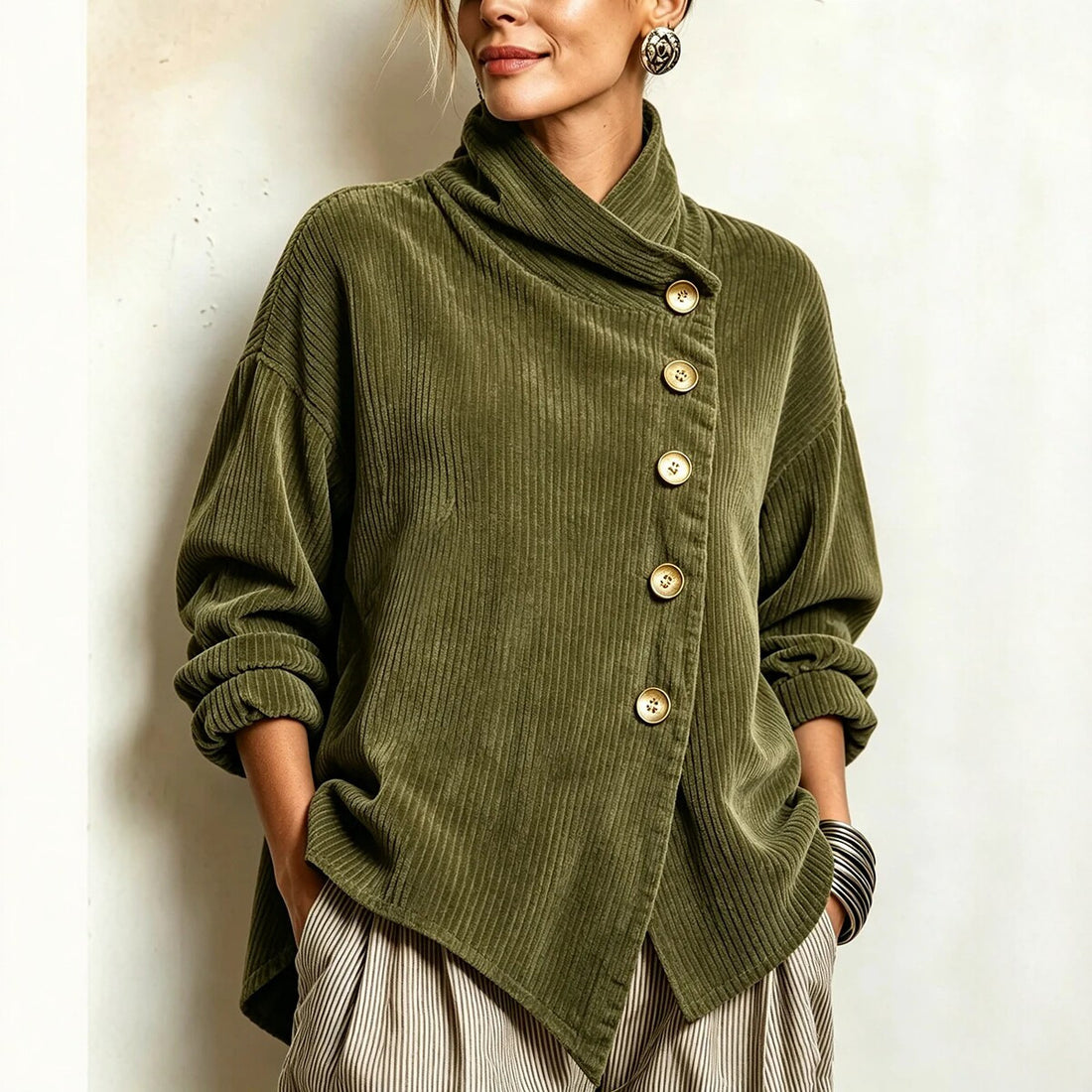retro French-style, relaxed fit, loose high-neck, asymmetrical corduroy top