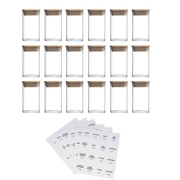 All 18 glass spice jars with label sheets