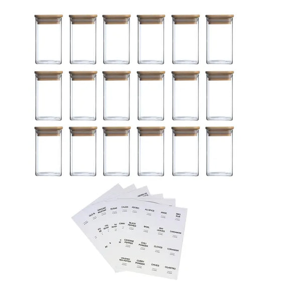 All 18 glass spice jars with label sheets