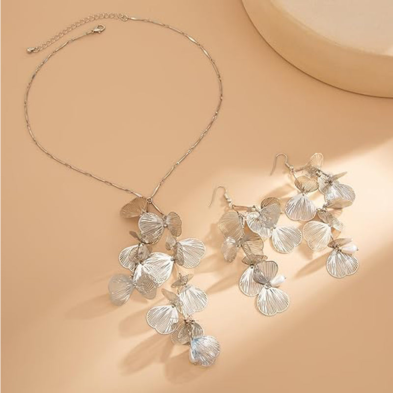 Silver ginkgo leaf tassel choker necklace laid flat, White option