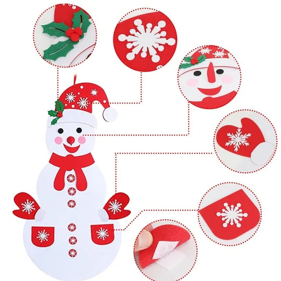Close-up of hook-and-loop felt pieces attaching to the felt snowman