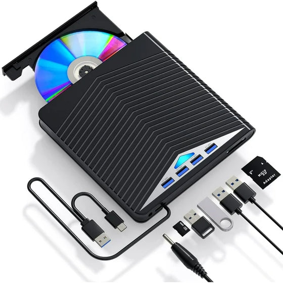 Slim external DVD burner with SD card and USB accessories