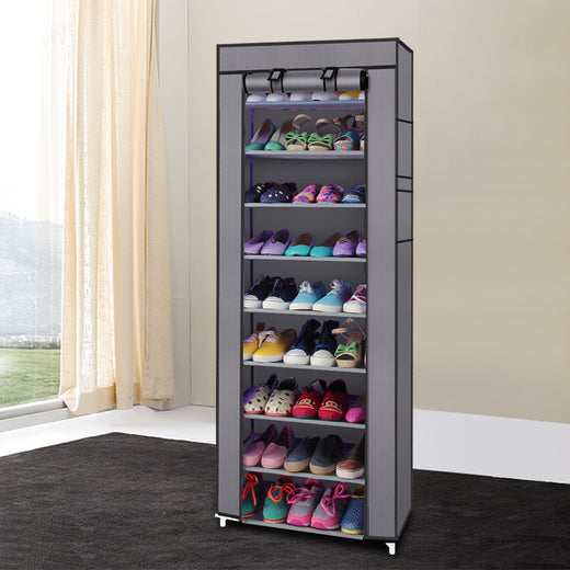 10-tier narrow shoe rack with grey dust cover closed