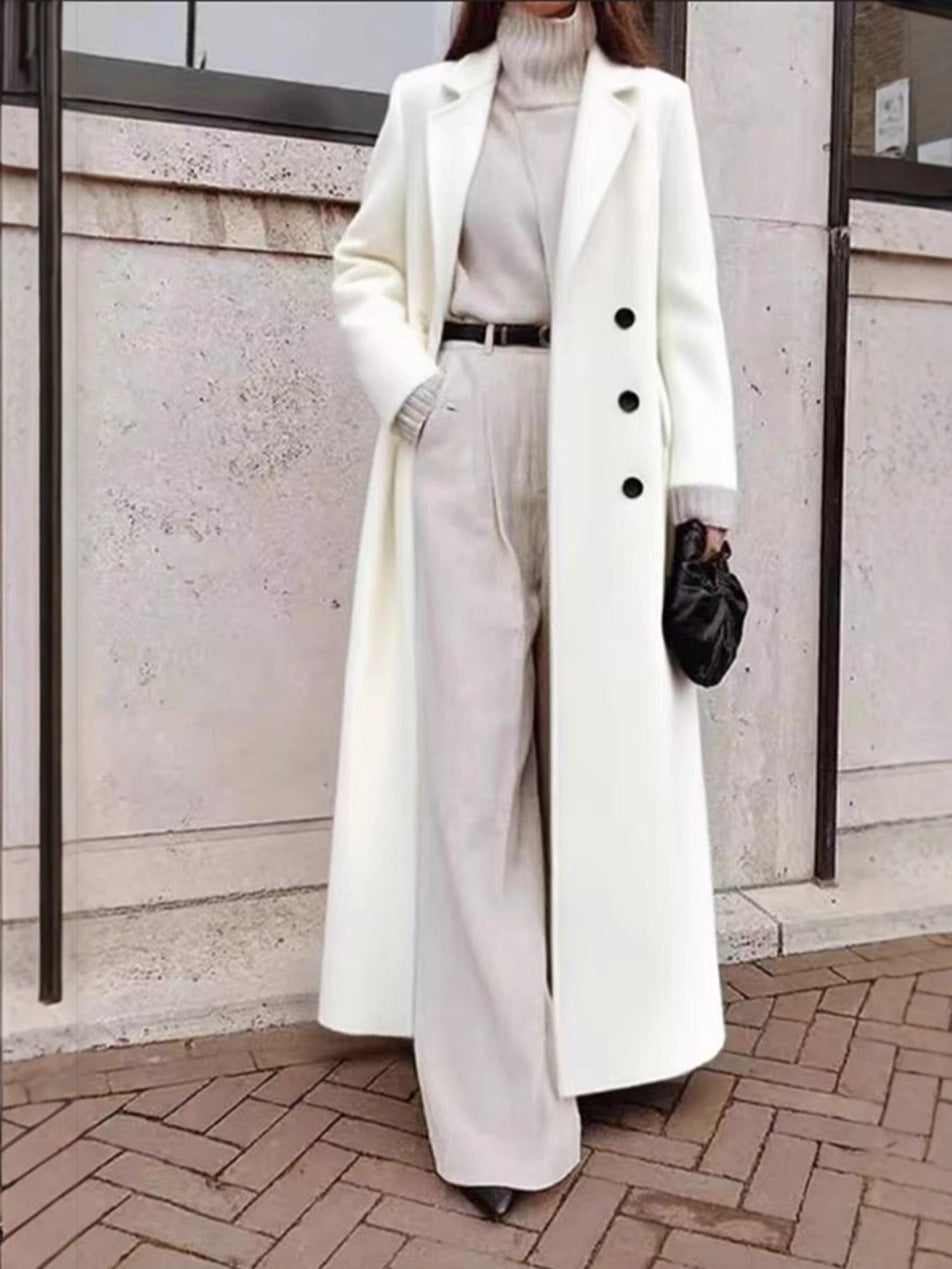 Long Wool Blend Coat with V-Neck