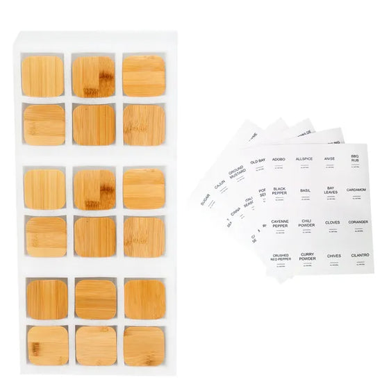 Top view of bamboo lids and spice label sheets