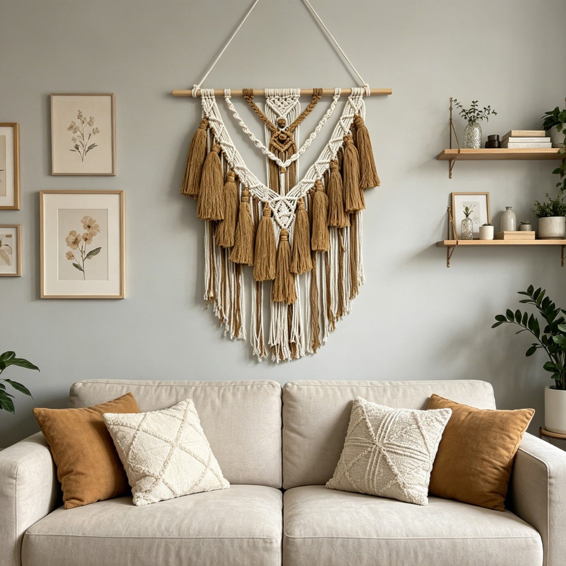 Bohemian-style hand-woven cotton rope fringed tapestry