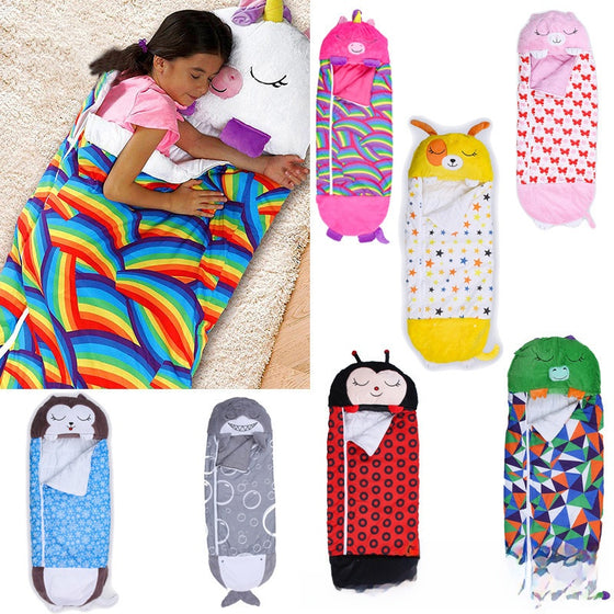 Girl in a rainbow sleeping bag next to several animal character sleeping bags