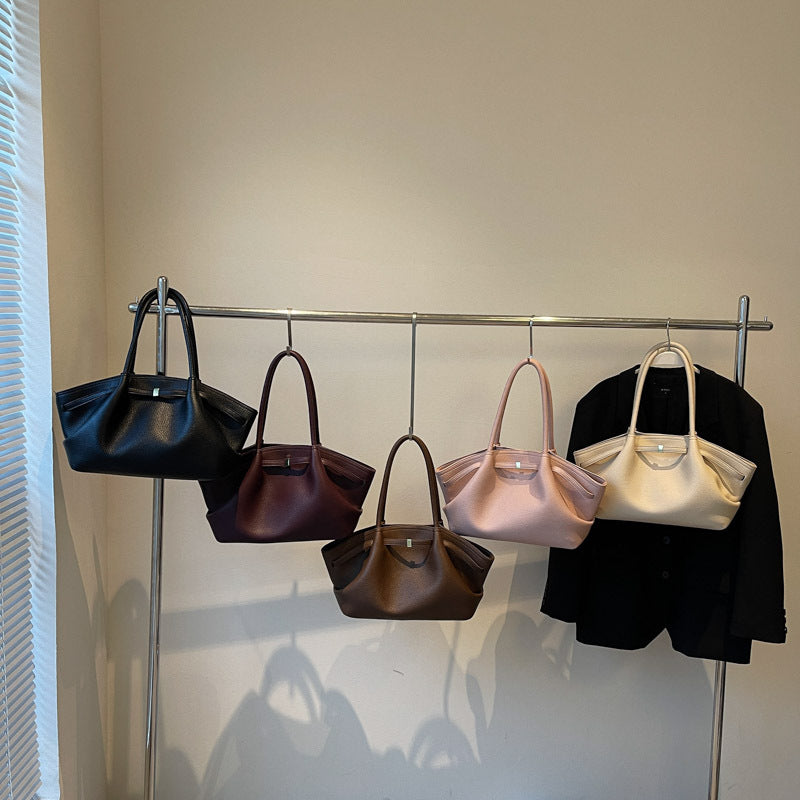 Women's Solid Color PU Tote Bag Casual Versatile Shoulder Handbag with Magnetic Buckle