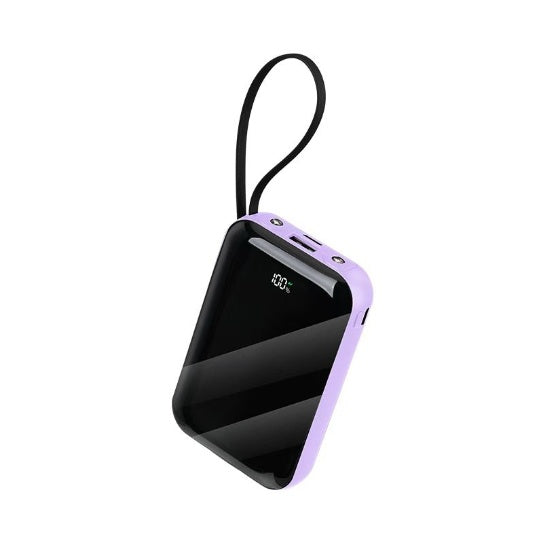 Purple-trim power bank with LED display and wrist strap