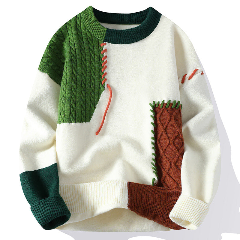 Loose patchwork knit pullover sweater with round neck, photo 3